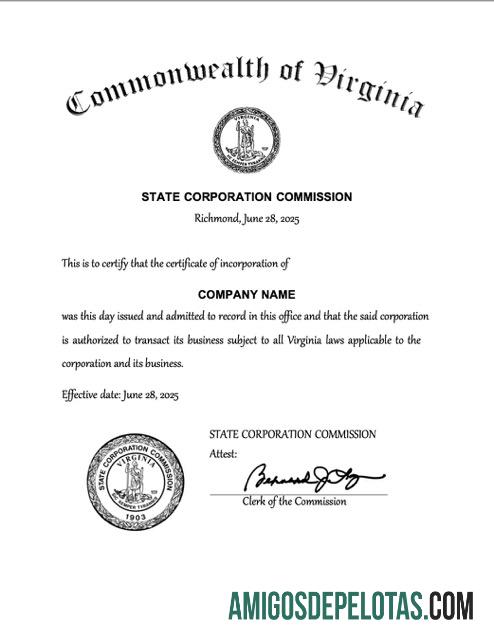 Certificado de incorporação realista dos EUA, Virgínia, modelo Word e PDF